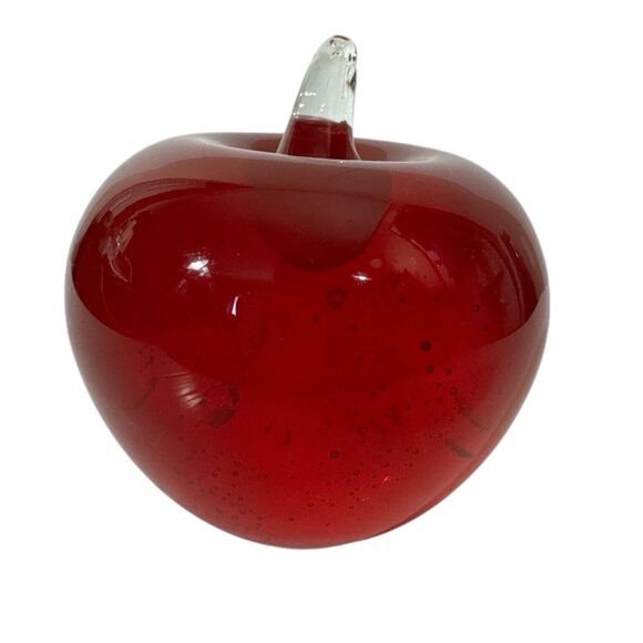Vintage Hand Blown Glass Apple Ruby Red Clear Stem 4” Paperweight - Picture 5 of 8